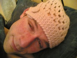 Sleepy Stef is dressed by his Wife in her adorable pink crochet number